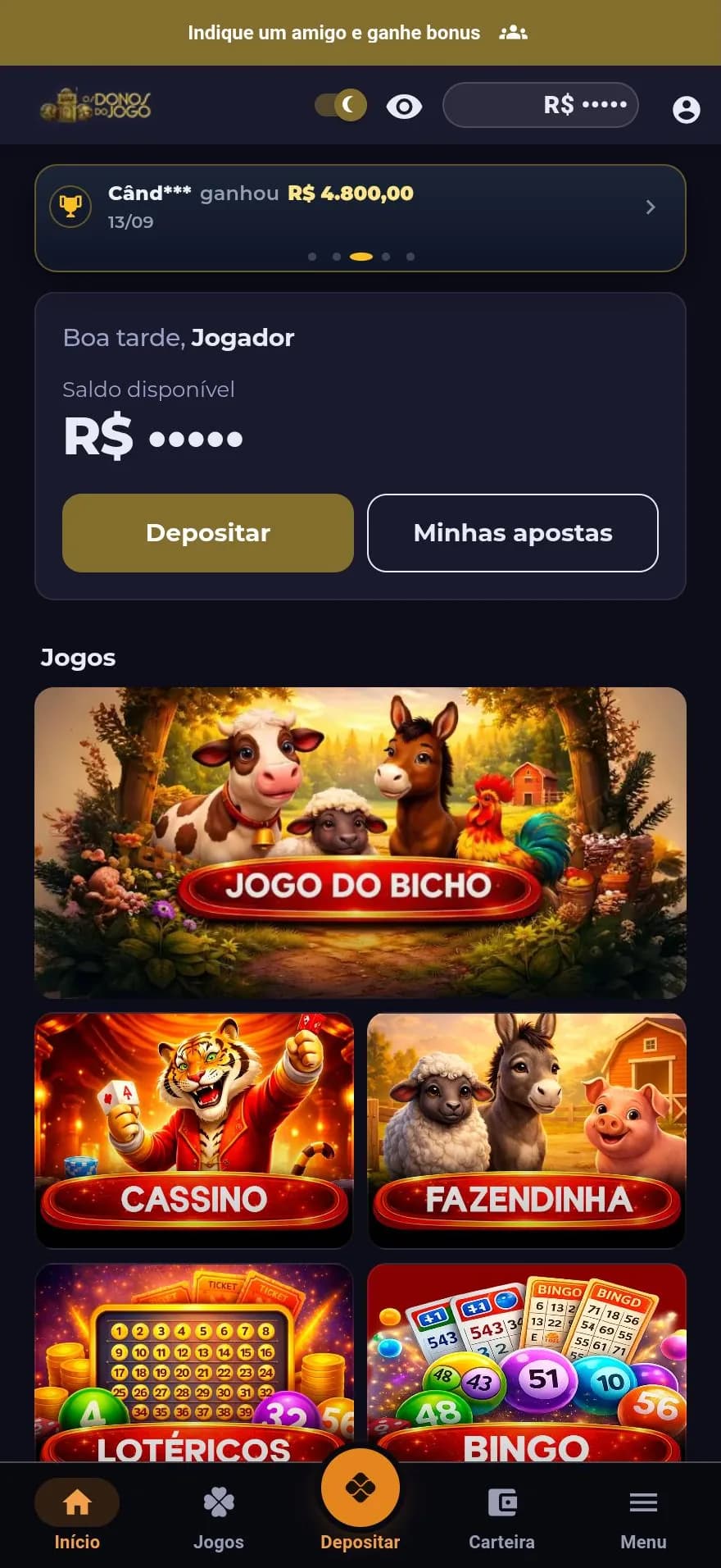 Tela inicial da plataforma com saldo e jogos disponíveis
