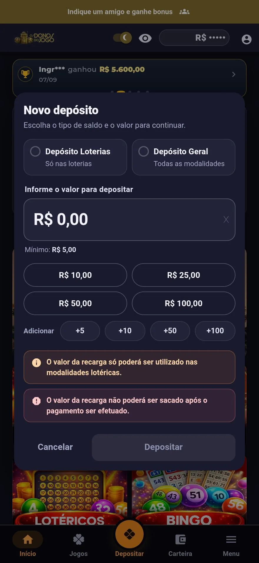 Tela de depósito via Pix com valores rápidos